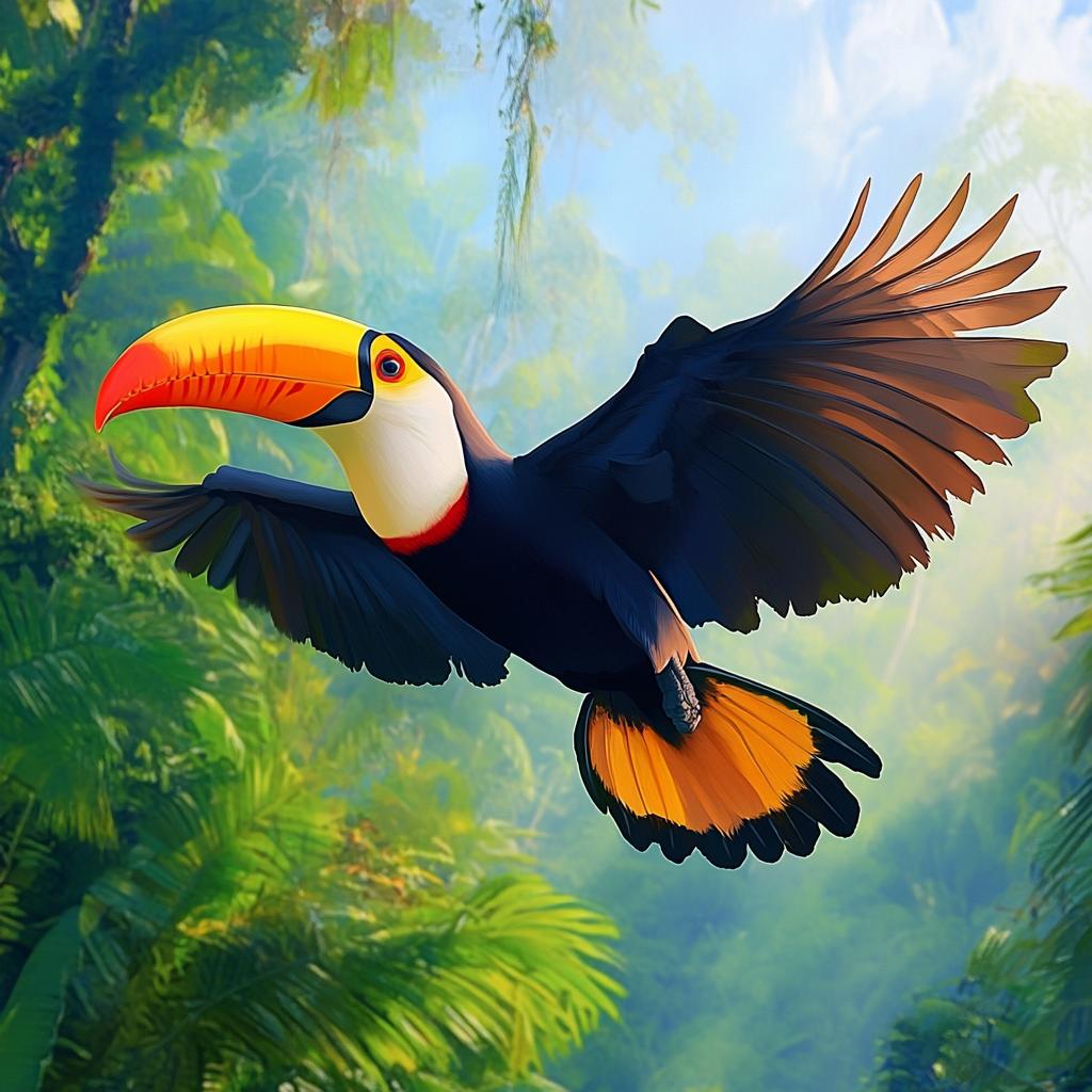 Toucan in Flight Over Jungle