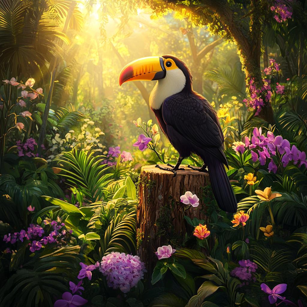 Toucan Resting Among Purple Plants at Sunset