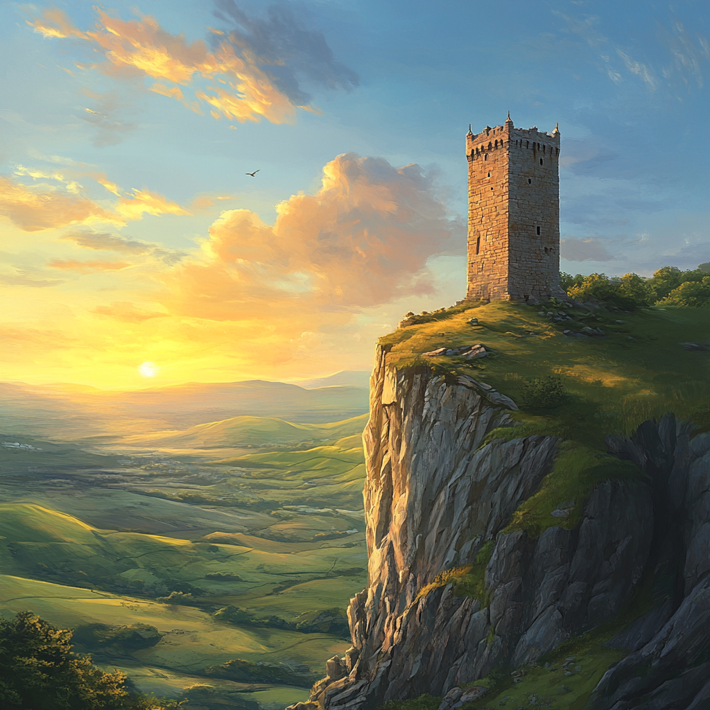 Tower on Cliff Overlooking Sunset
