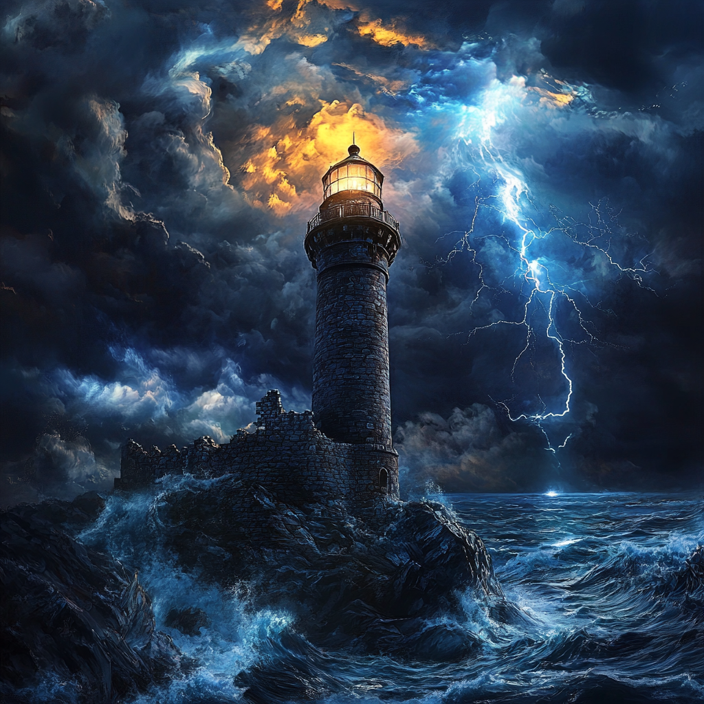 Lighthouse Battling Wild Waves at Night