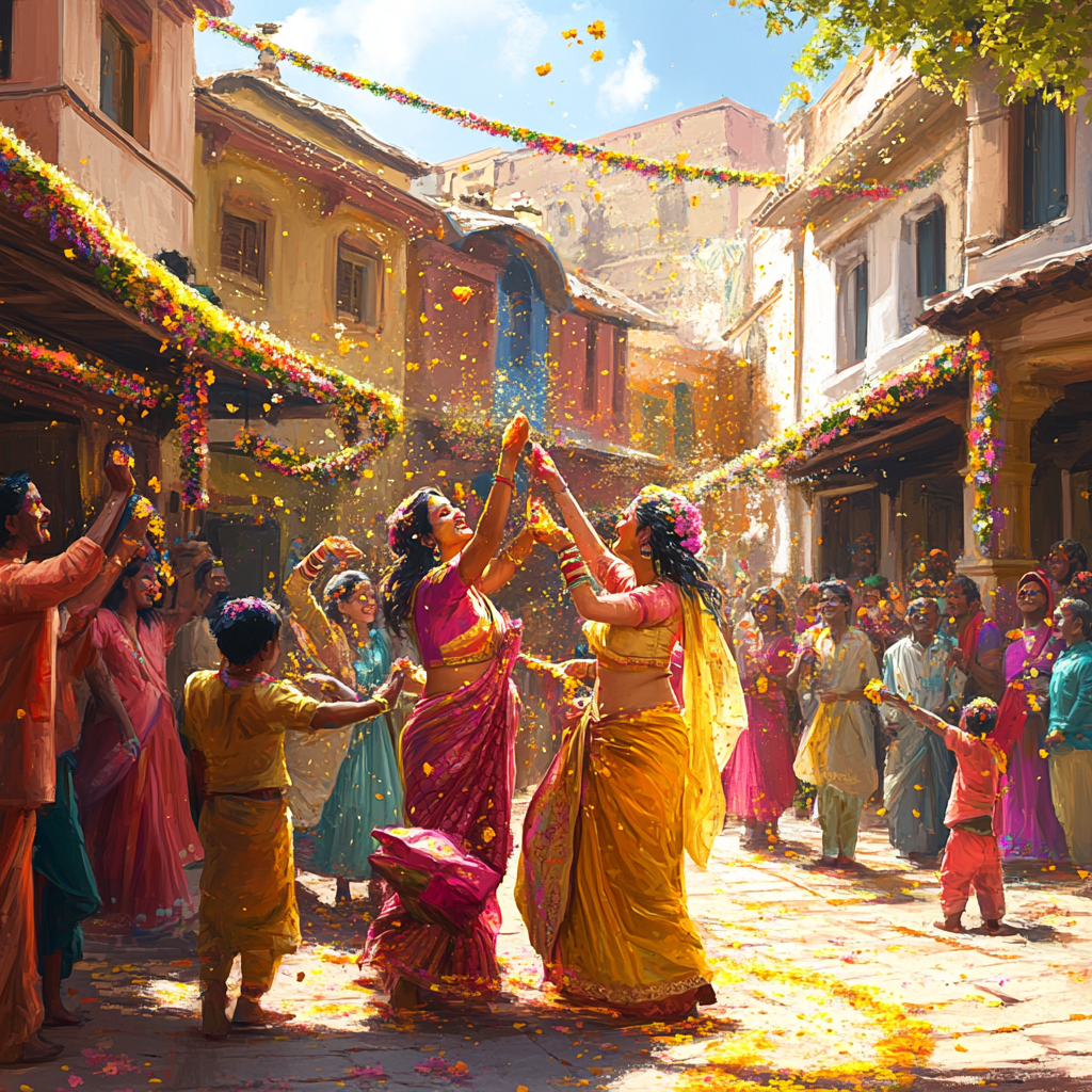 Indian Ceremony with Women Dancing and Confetti