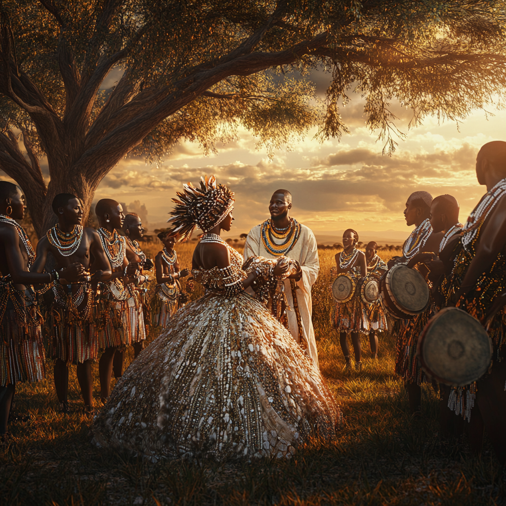 African Tribal Marriage with Colorful Clothes at Sunset