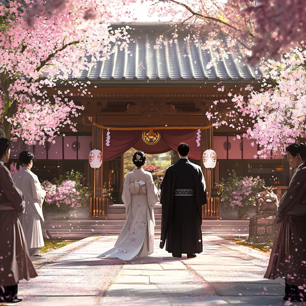 Japanese Couple Marrying by Temple with Pink Trees