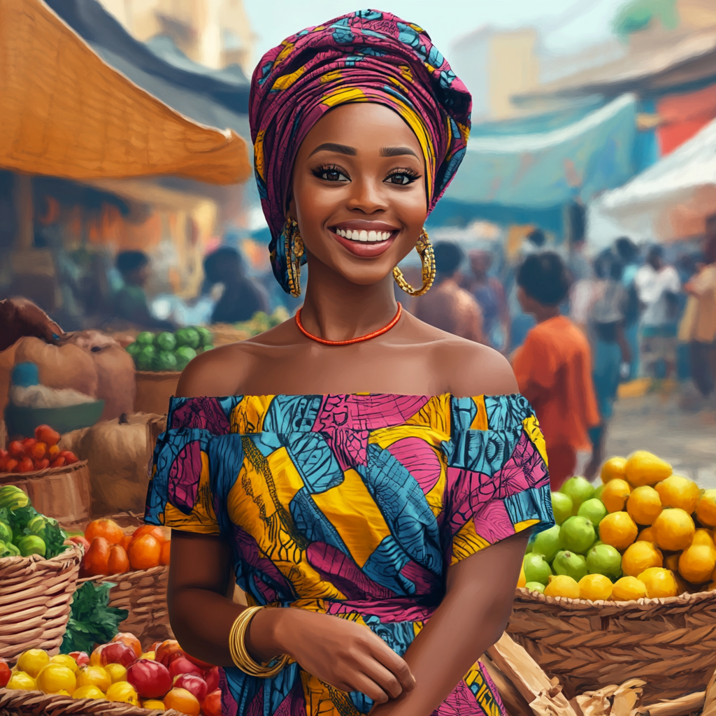 West African Girl in Colorful Market Attire