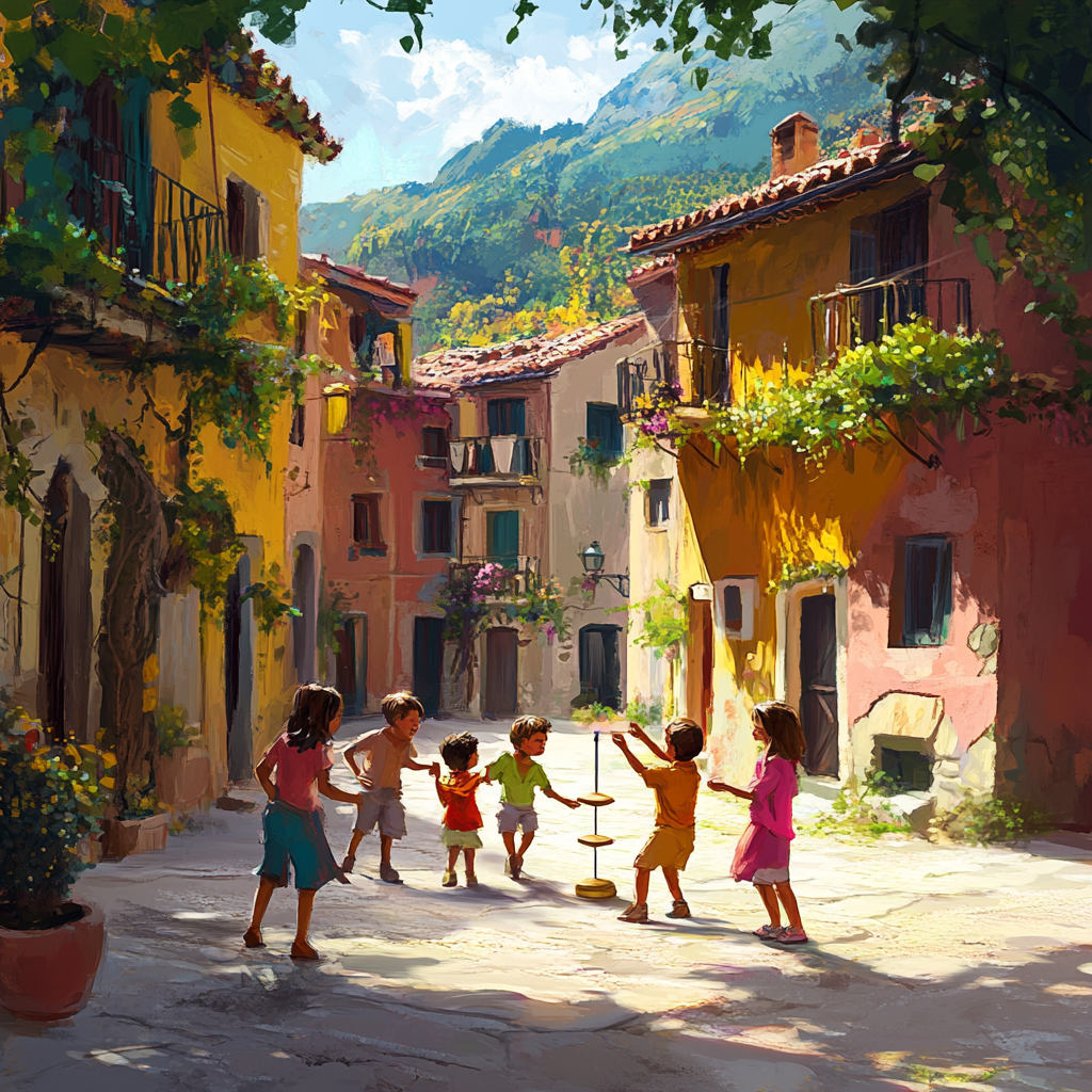 Mediterranean Kids Playing Traditional Games in Village Square