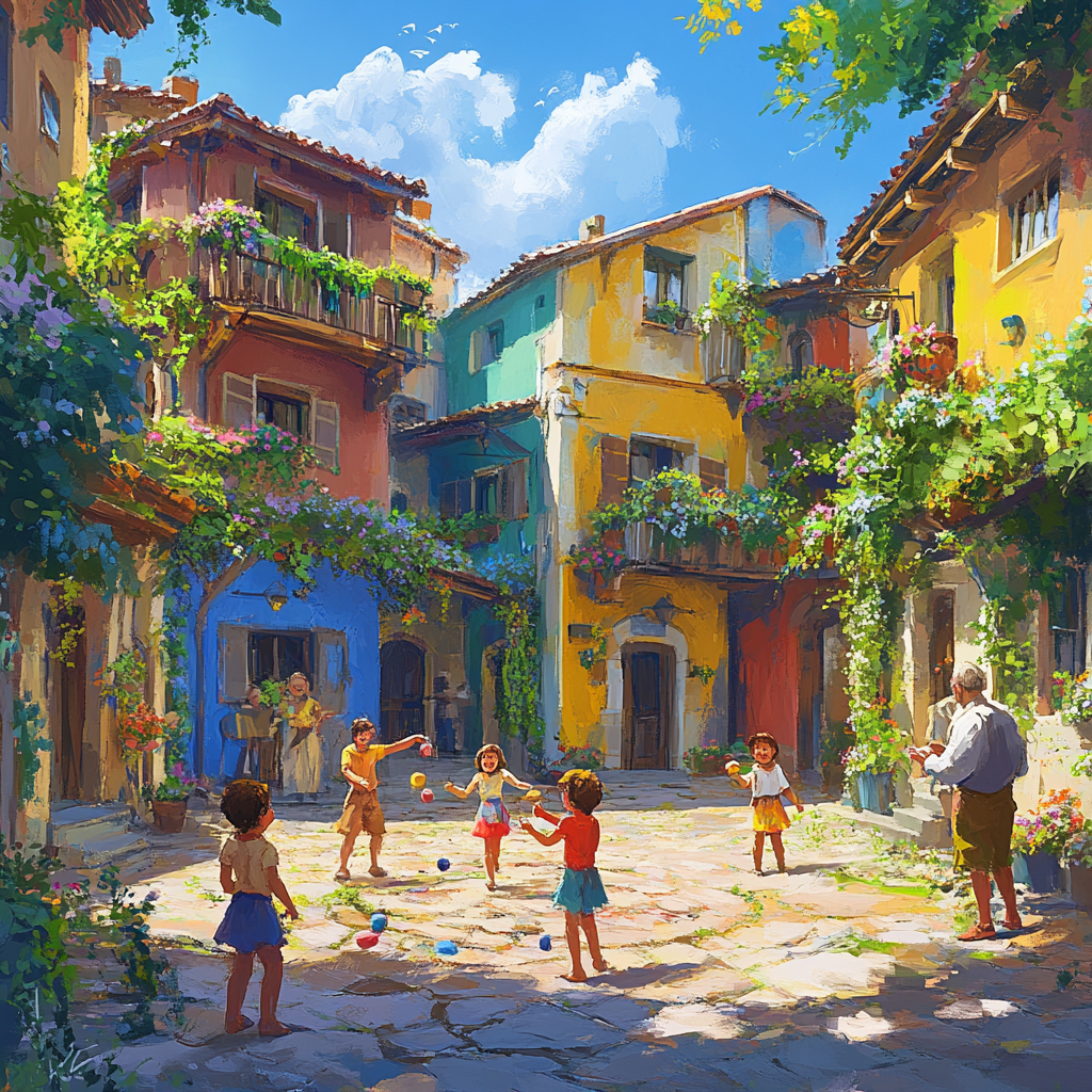 Village Kids Playing Traditional Games in Mediterranean Setting
