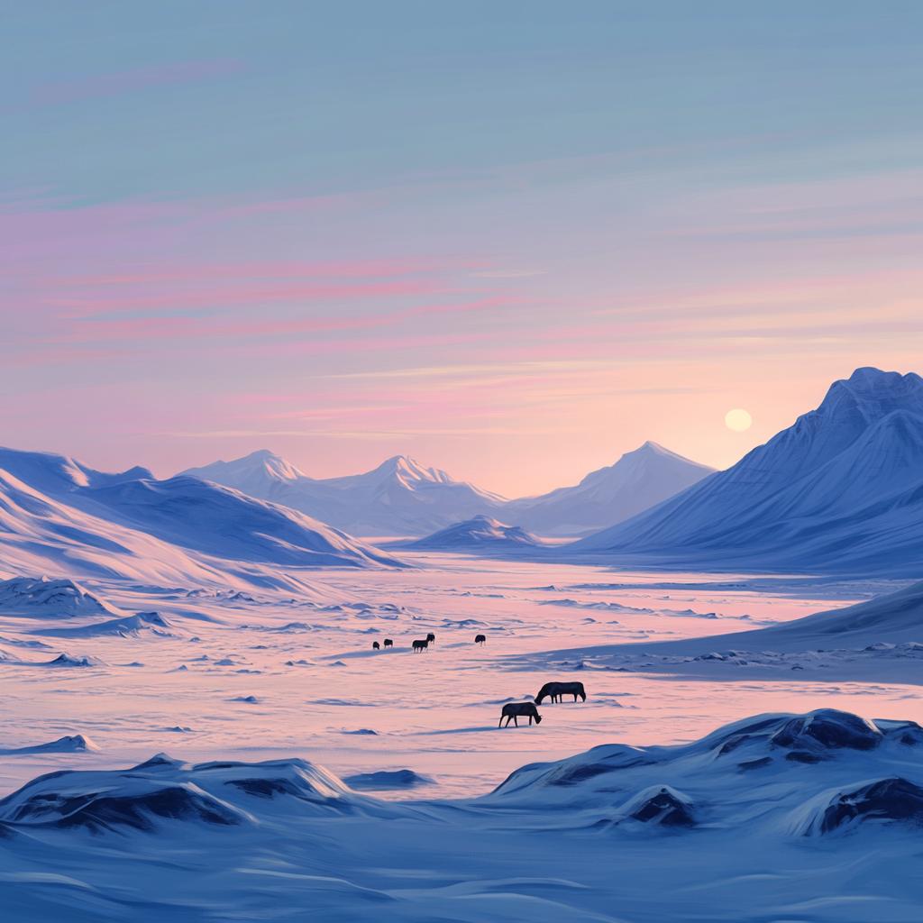 Snowy Tundra with Grazing Cattle