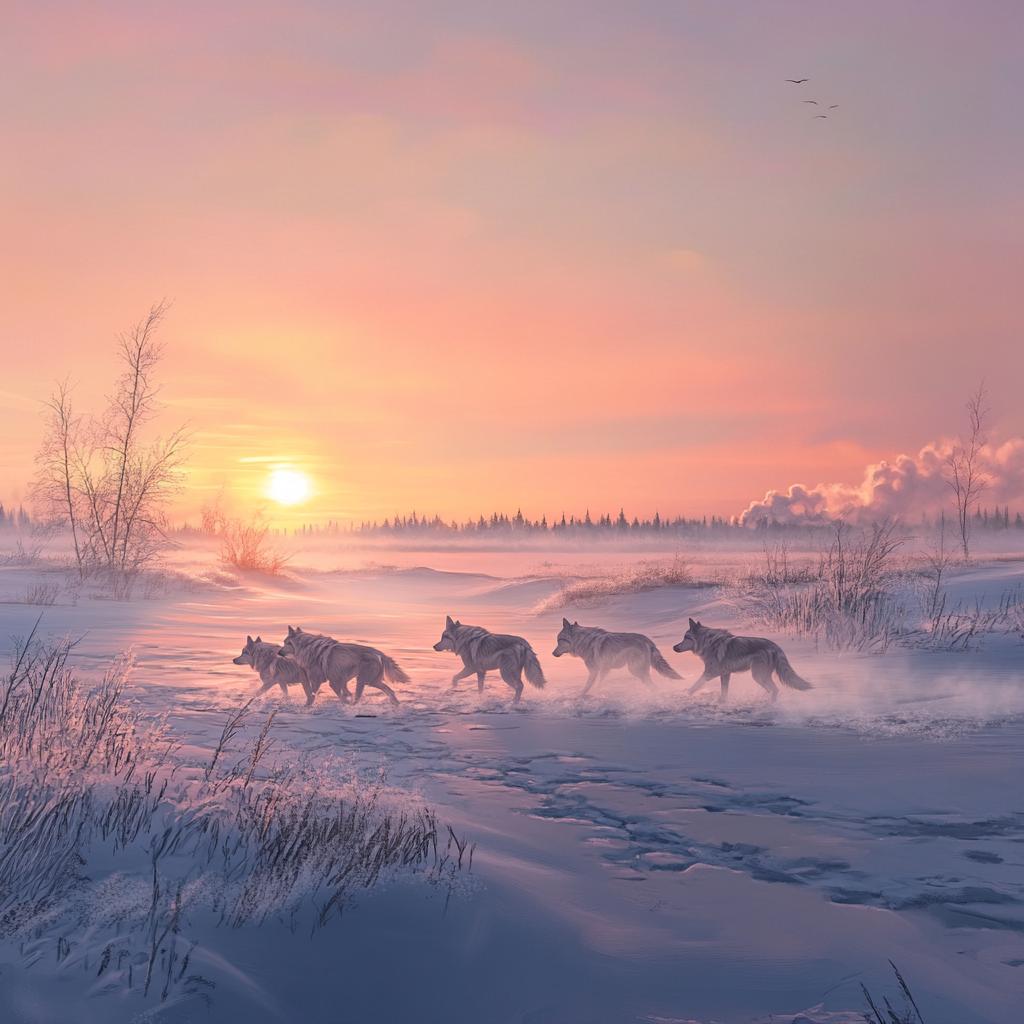 Wolf Pack Running Across Tundra at Sunrise