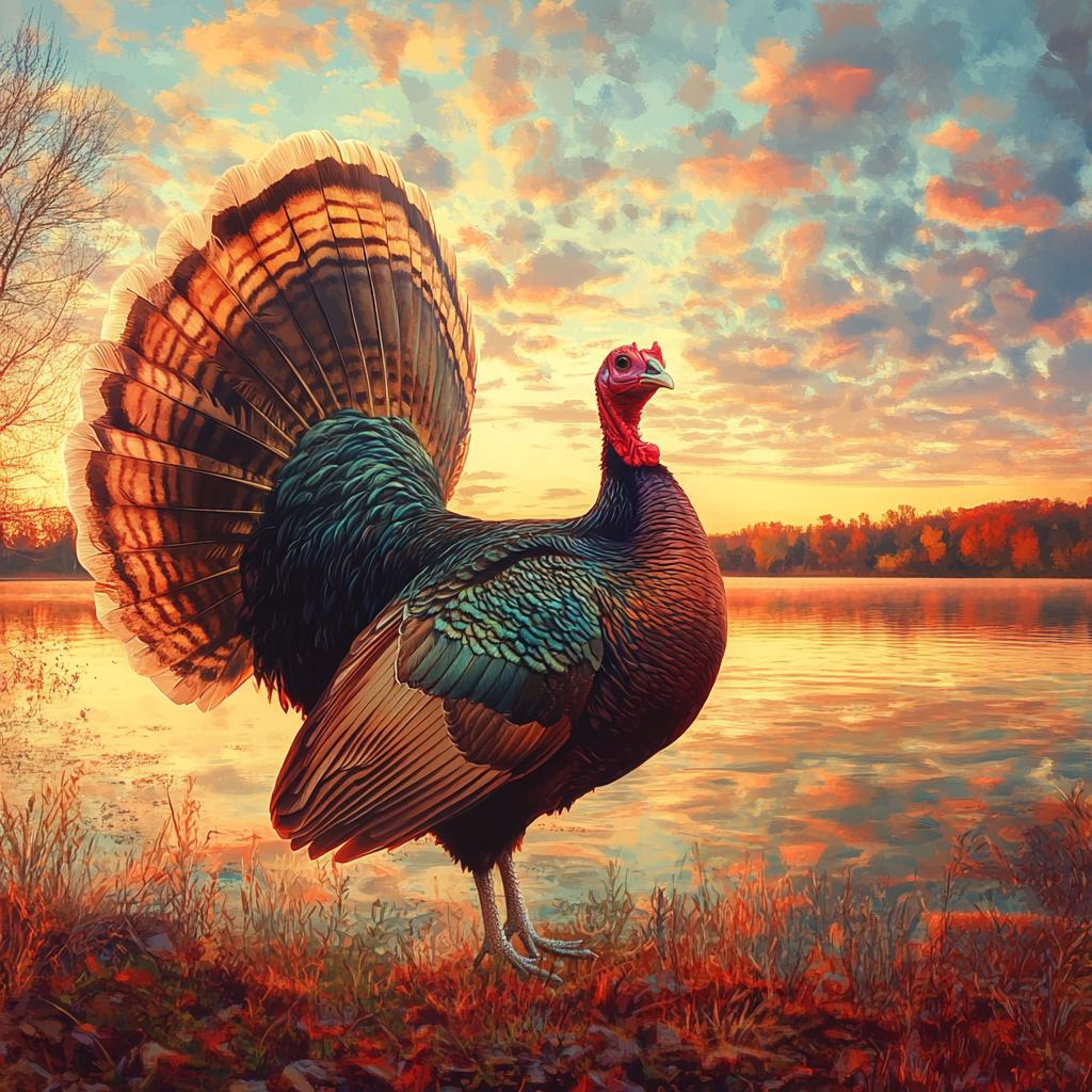 Turkey Standing by Lake in Autumn