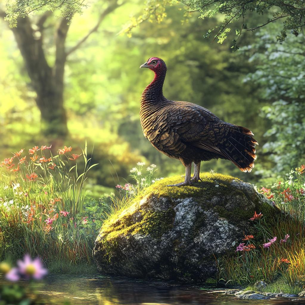 Turkey on Rock Next to Stream