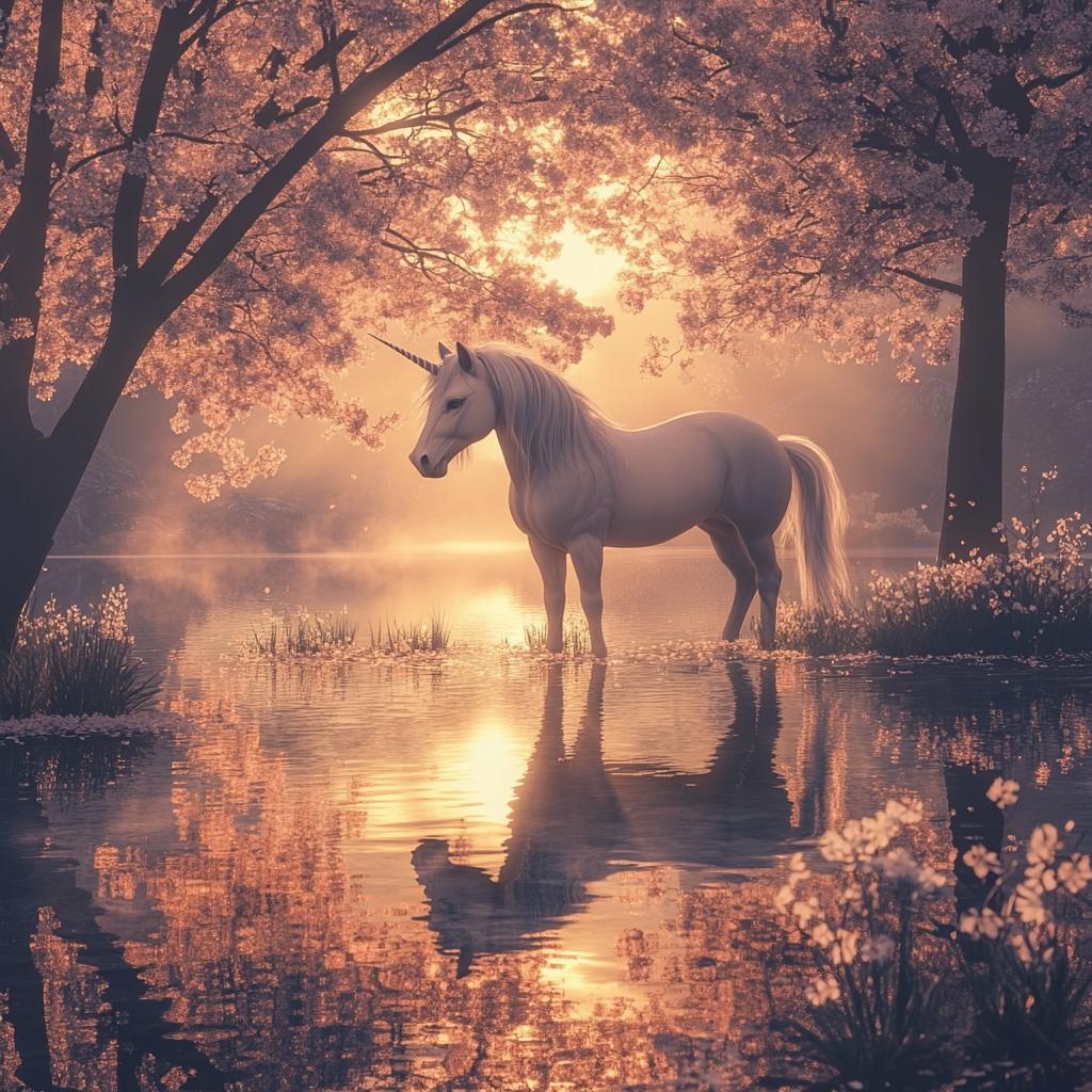 Unicorn Standing at Riverbank During Sunset