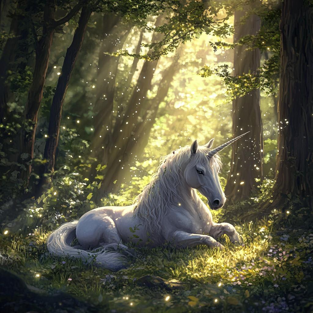 Unicorn Resting in Sunlit Forest