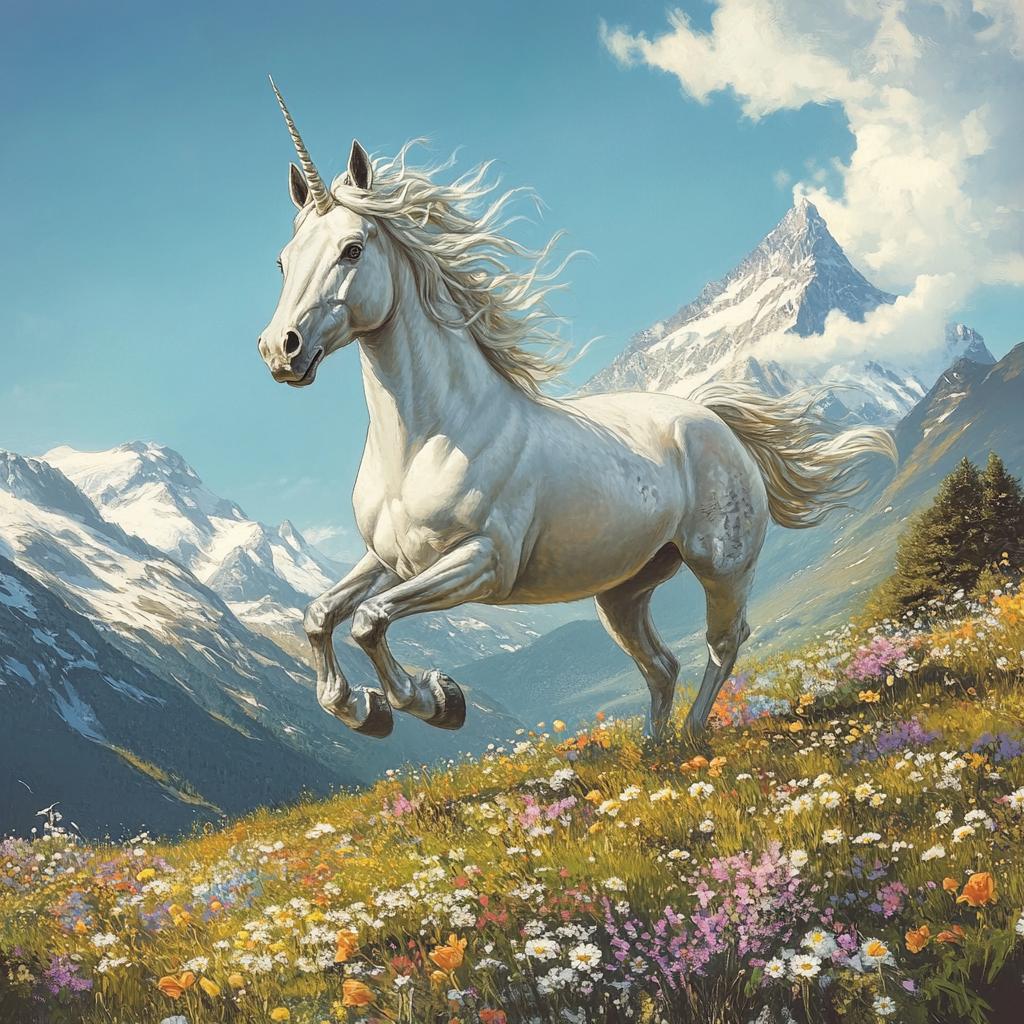 Unicorn Running Through Grassfield with Snowy Peaks