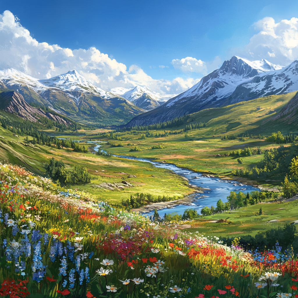 Grassy Valley with River and Mountains in Background