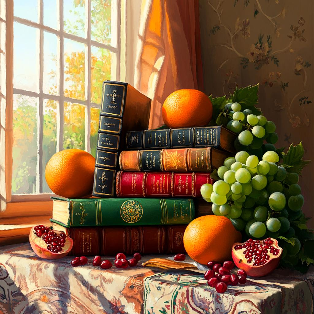 Vintage Books and Fruits by Window Still Life