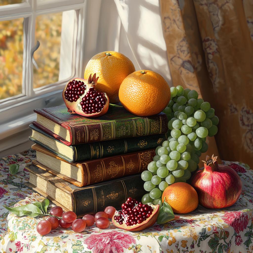 Books and Fruits by Window Still Life