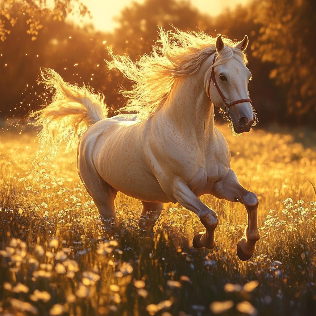 White Warmblood Horse Running Through Flowerfield at Sunset