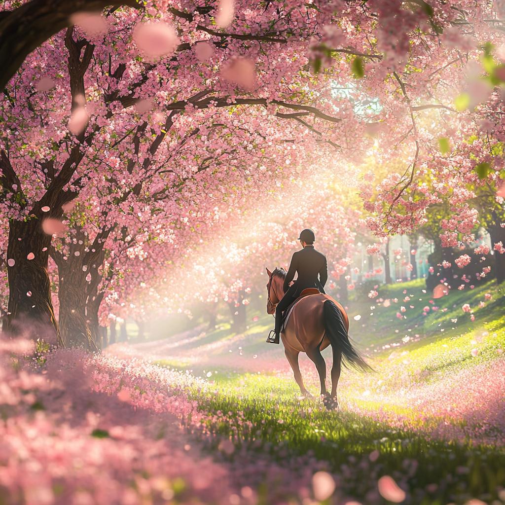 Rider and Warmblood Horse Walking Through Pink Tree Forest