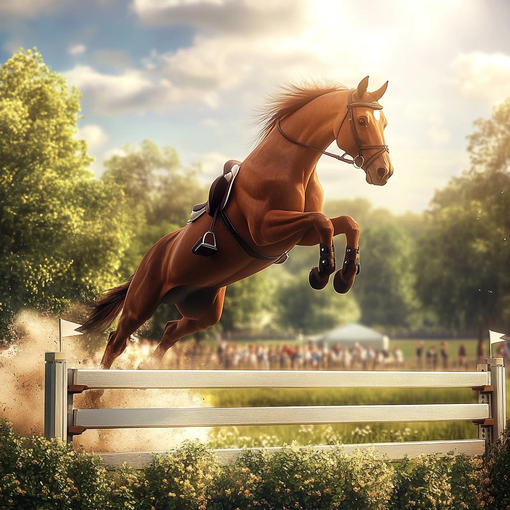 Brown Warmblood Horse Jumping Over Fence
