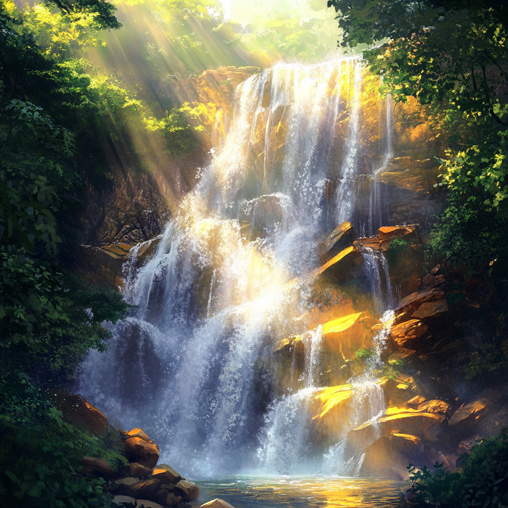 Rainforest Waterfall with Sunbeams
