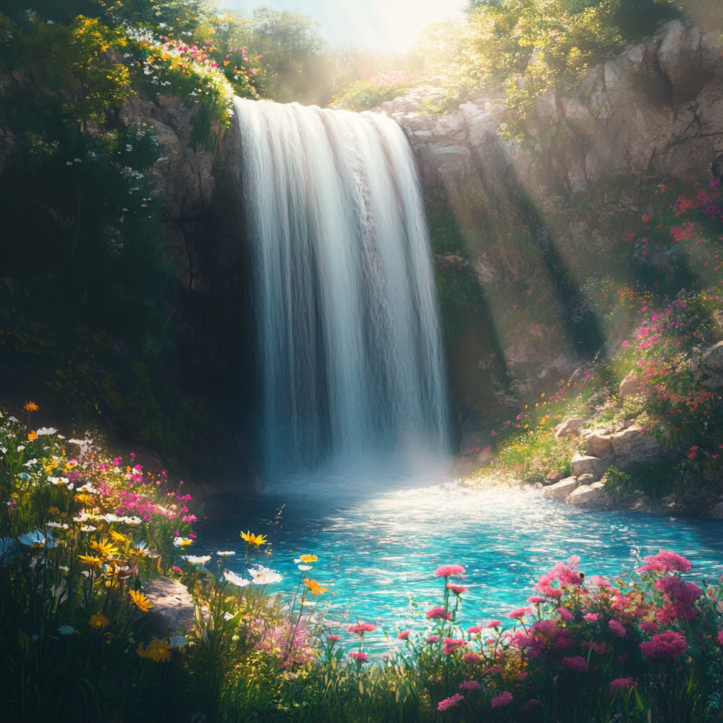 Waterfall with Clear Blue Water and Flowers