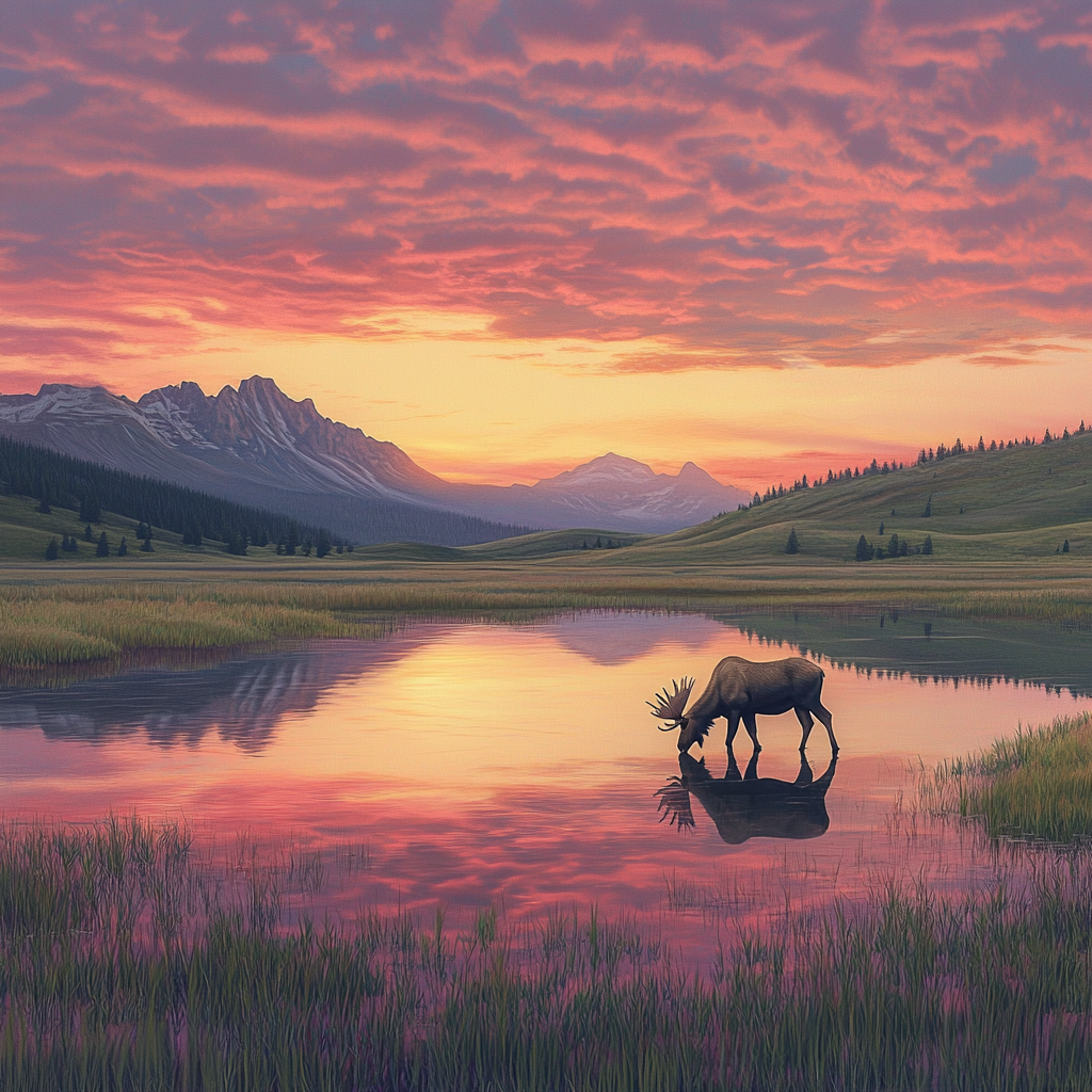 Reindeer Drinking from Wetland Lake at Sunset