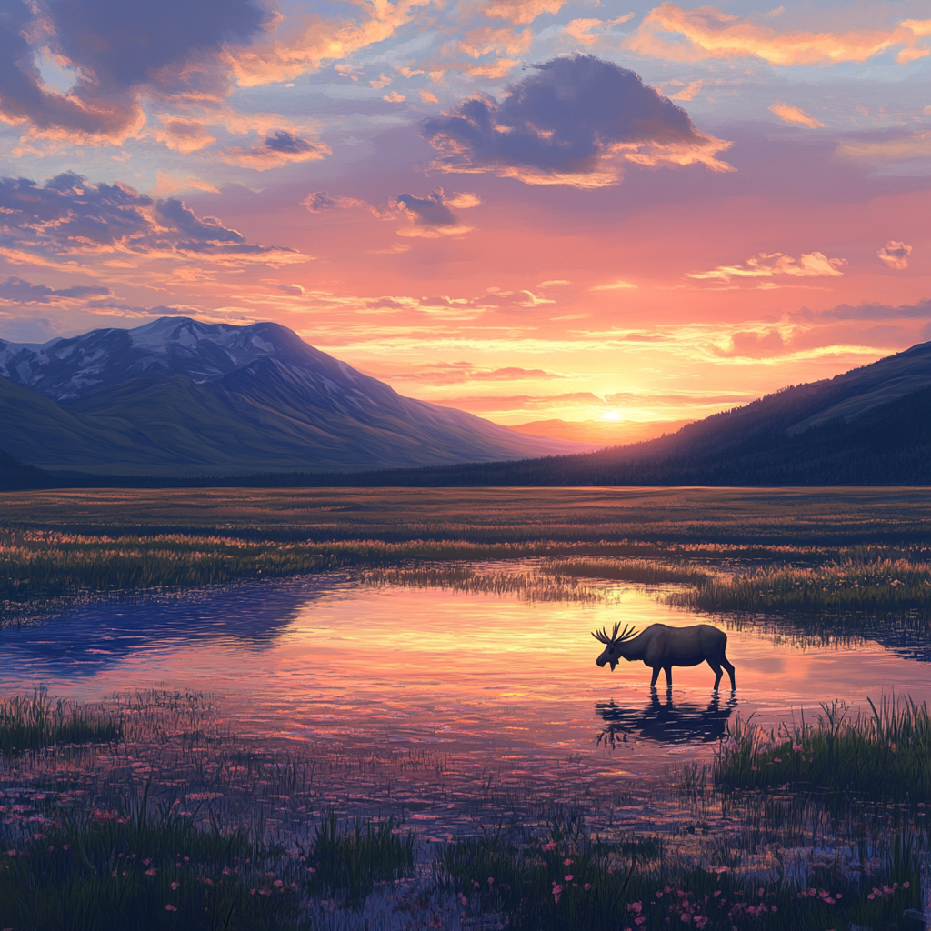 Sunset Reindeer by Lake in Wetland