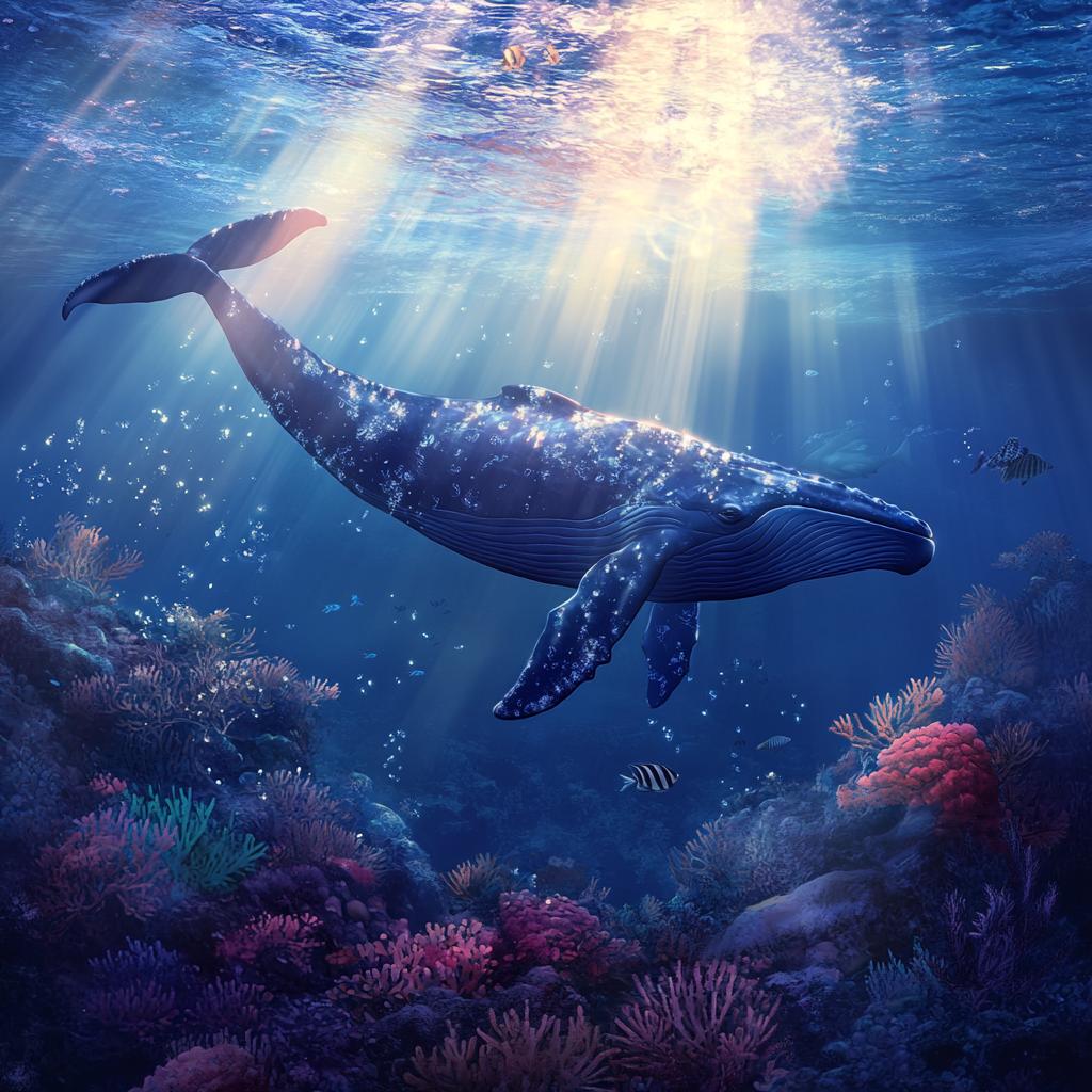 Whale Swimming in Coral Reef with Sunbeams