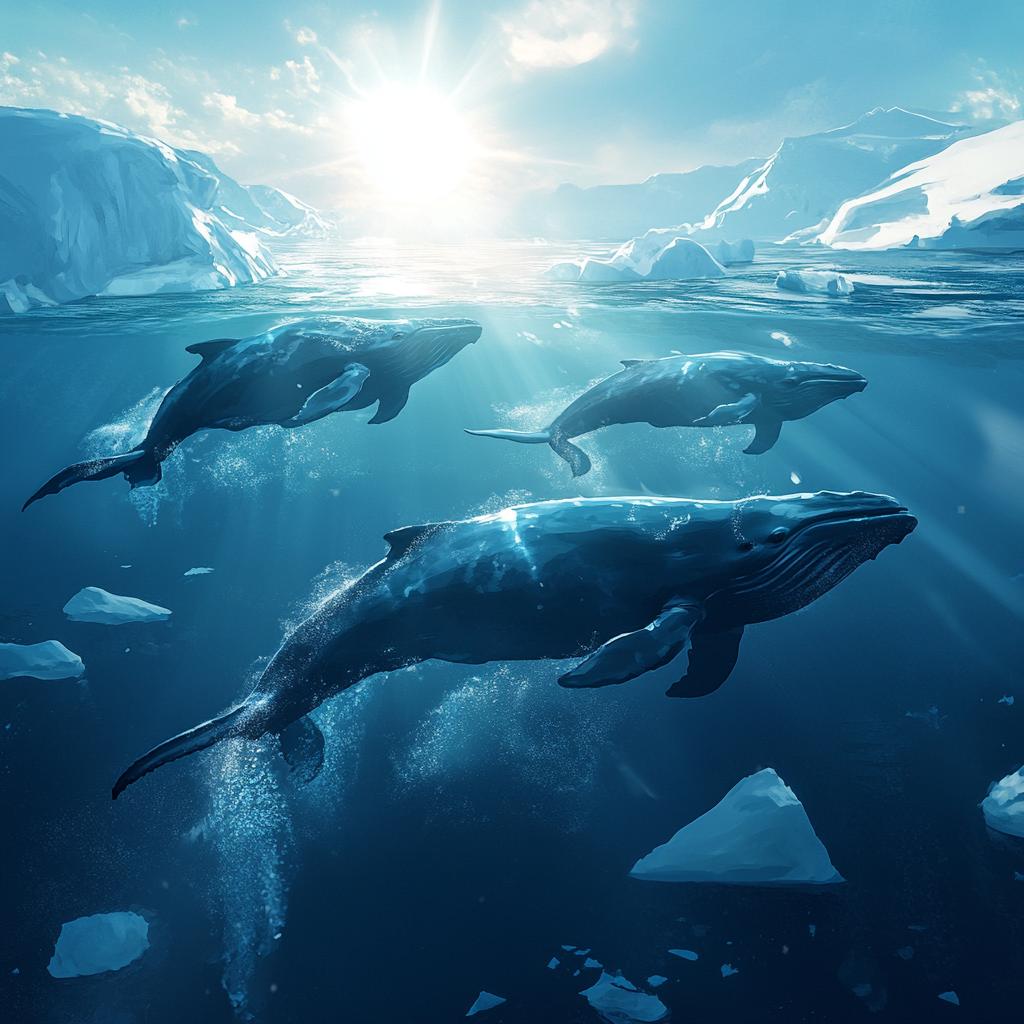 Three Whales Swimming Among Ice Blocks