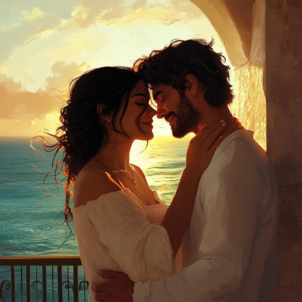 Couple Whispering on Balcony at Sunset