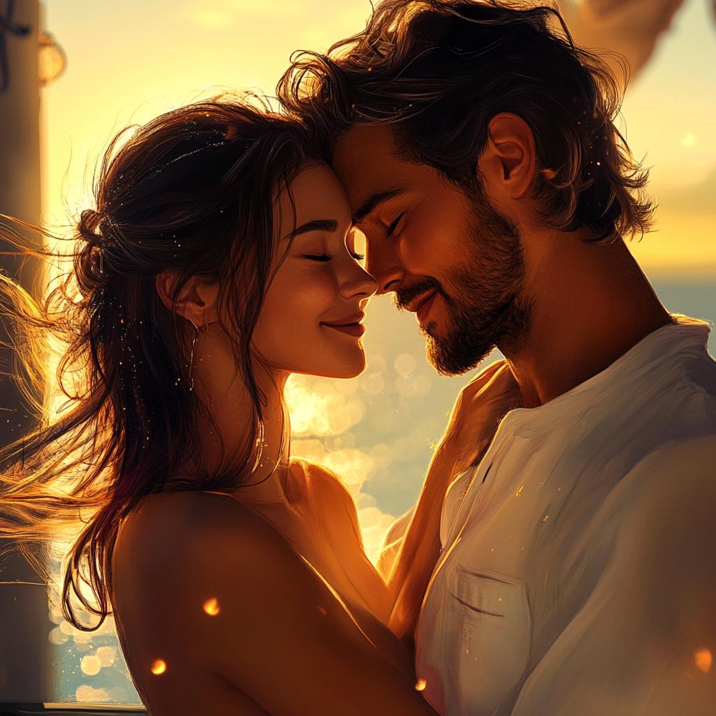 Sunset Couple Whispering on Balcony
