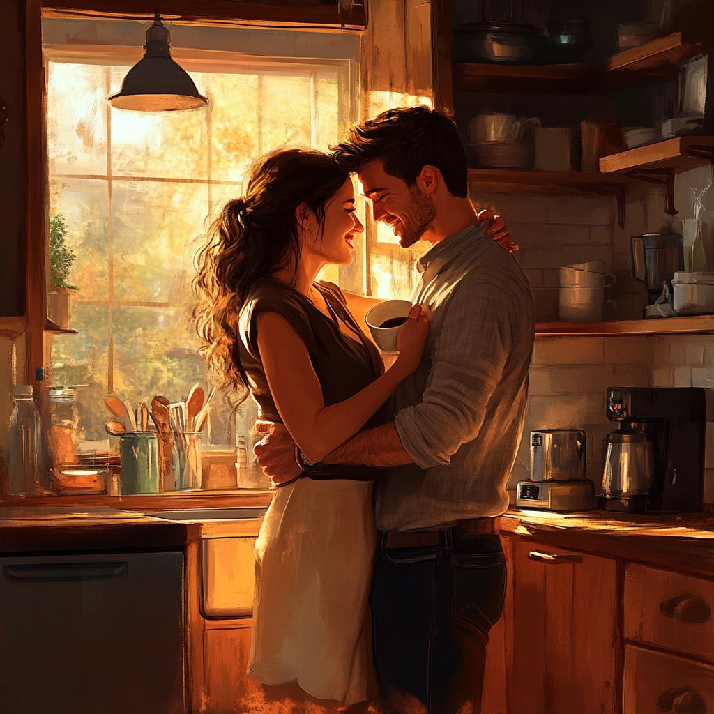 Couple Whispering While Cuddling in Kitchen
