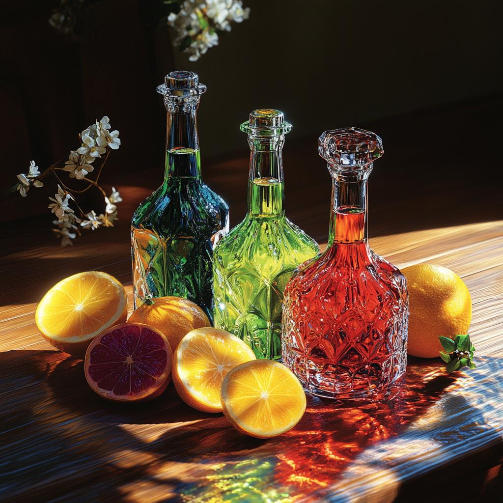 Colorful Wine Bottles and Fruits Still Life