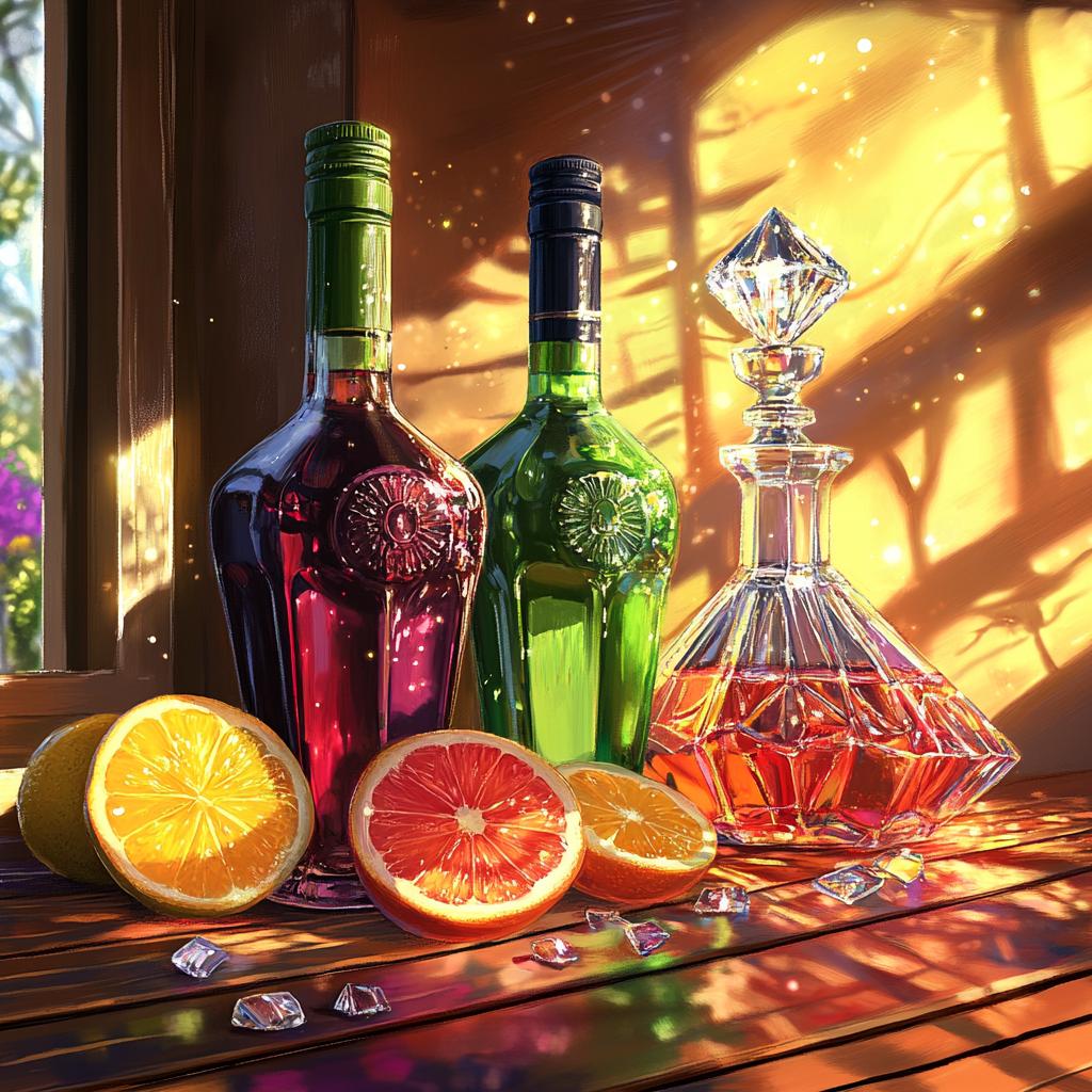 Vibrant Wine Bottles and Fruits Still Life