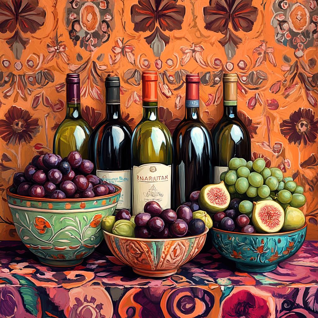 Wine Bottles and Fruits in Oriental Pots Still Life