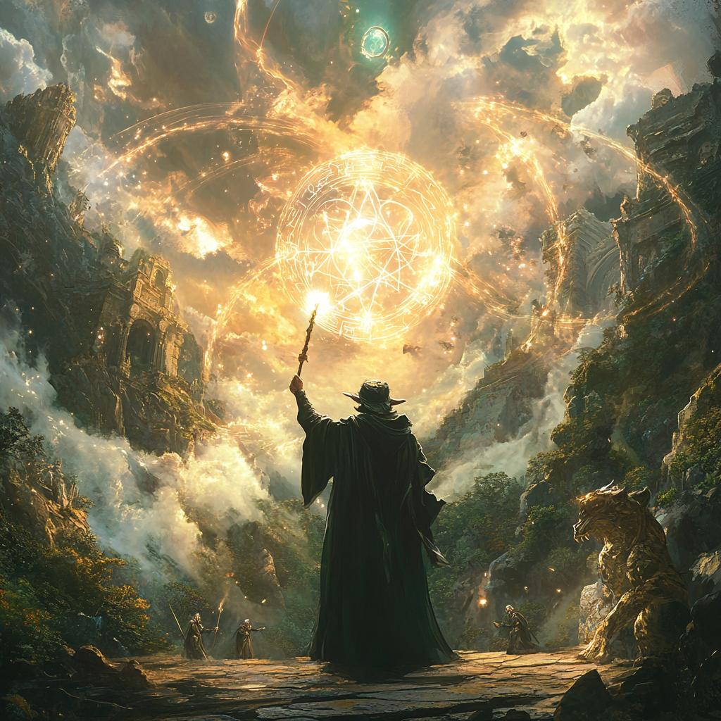 Old Wizard Creating Fire Portal in Mountains