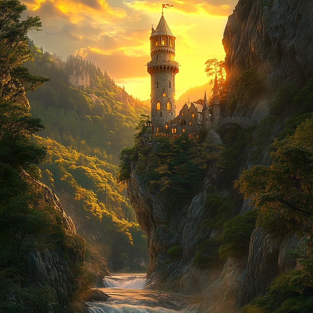 Wizard Tower on Cliff at Sunset