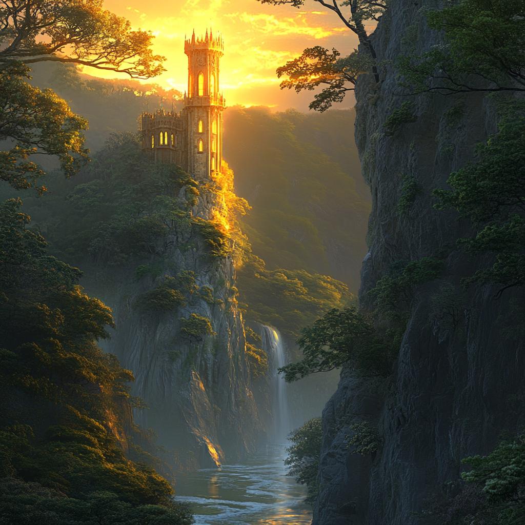 Sunset View of Wizard Tower on Forest Cliff