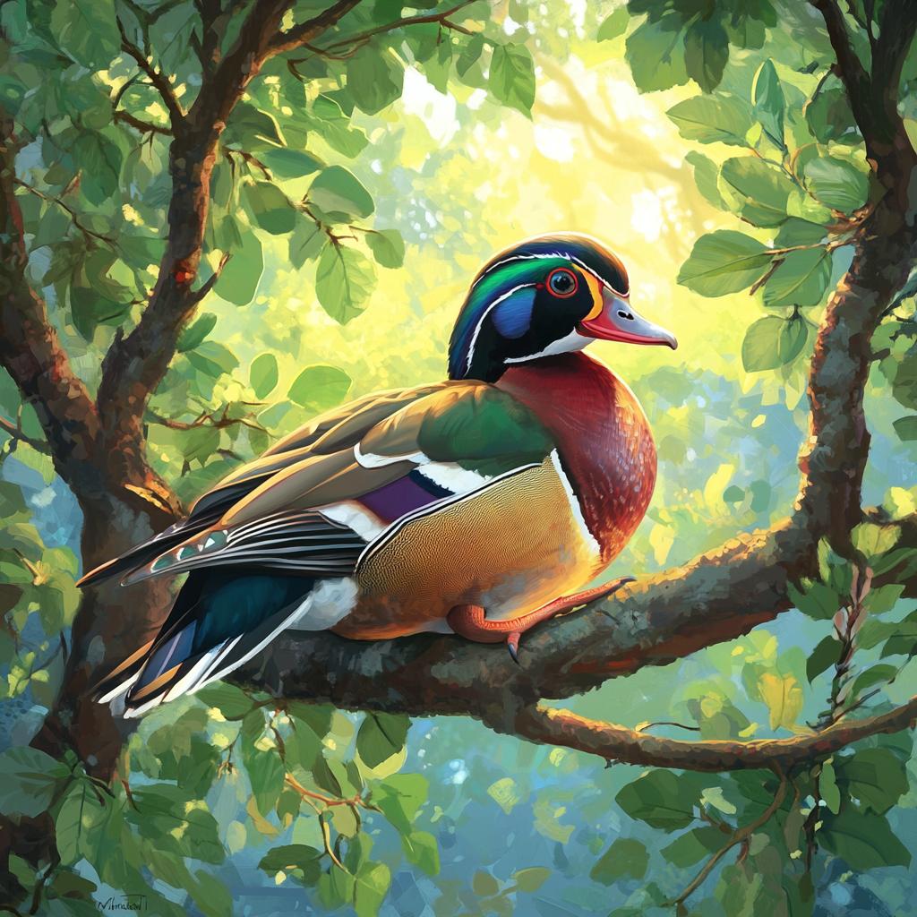 Colorful Wood Duck Swimming in River