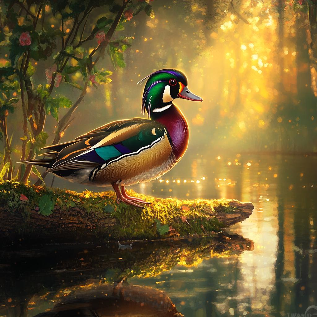 Wood Duck on Floating Log in River at Sunset