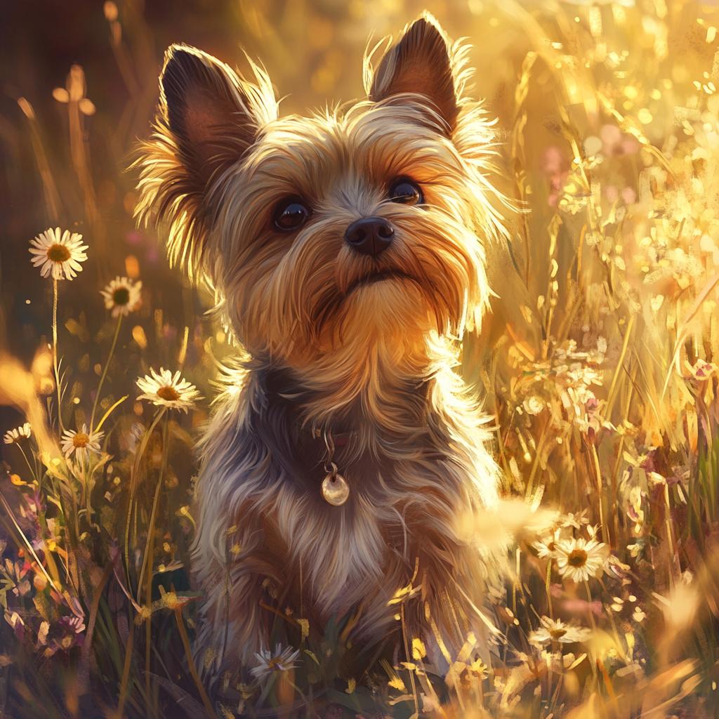 Yorkshire Terrier Sitting in Tall Grass at Sunset