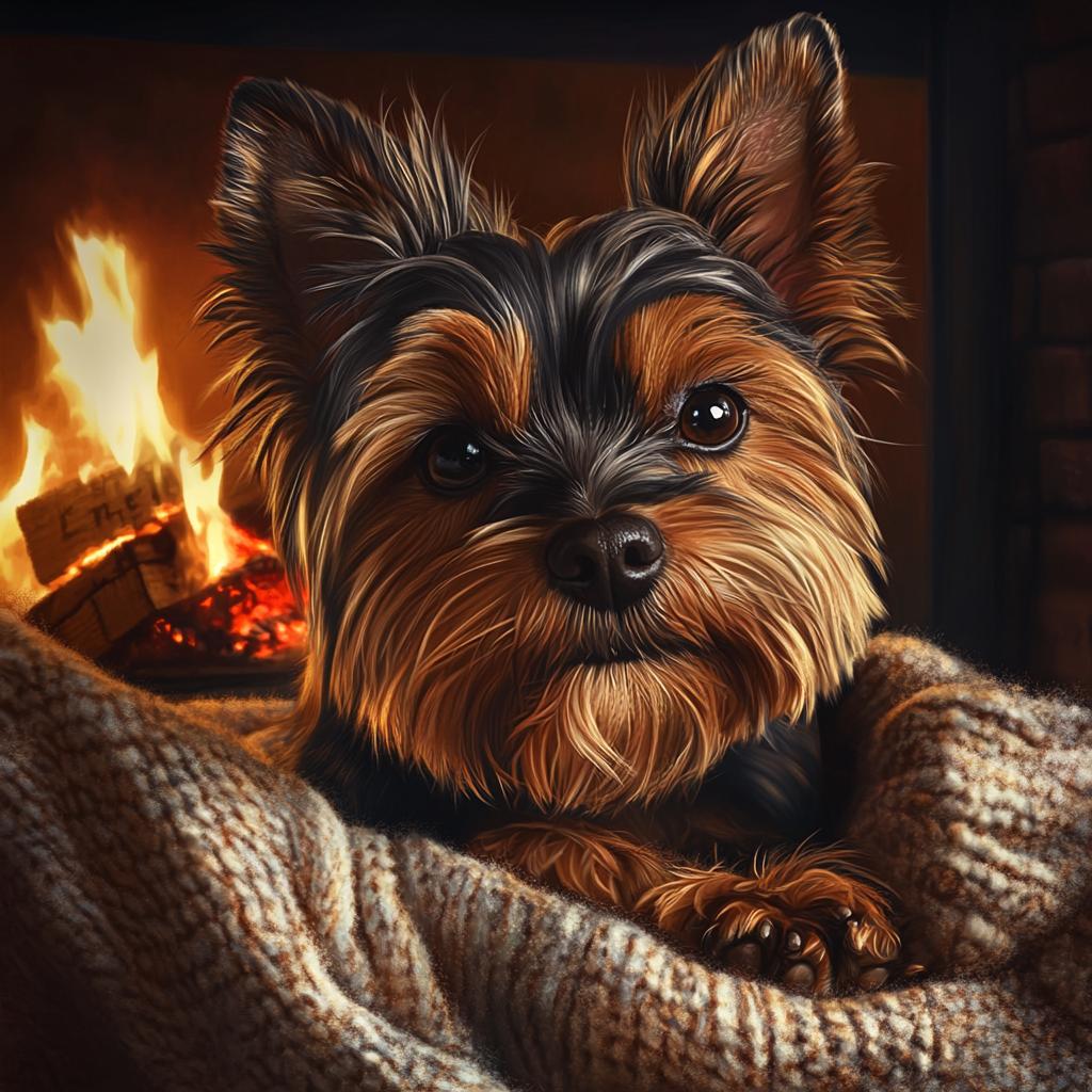 Close-up of Yorkshire Terrier on Blanket by Fireplace