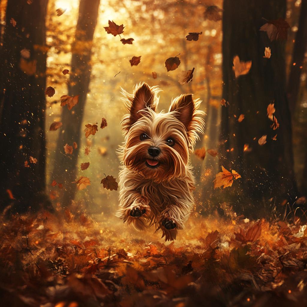 Happy Yorkshire Terrier Running in Autumn Forest