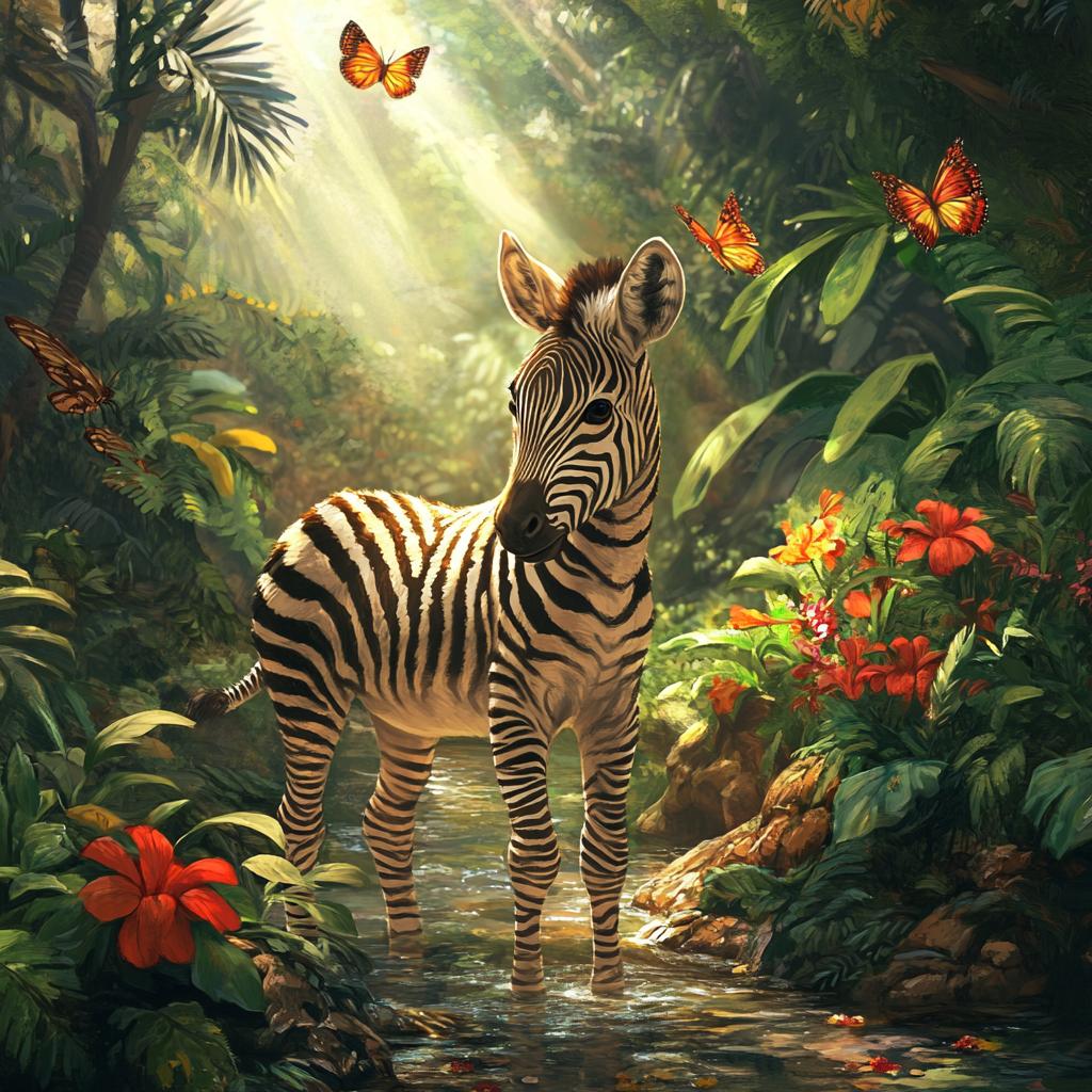 Zebra Walking in River in Dense Rainforest