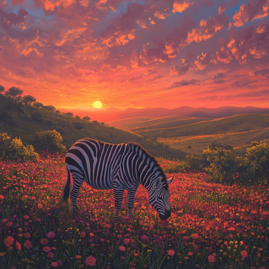Zebra Grazing in Flower Field at Sunset