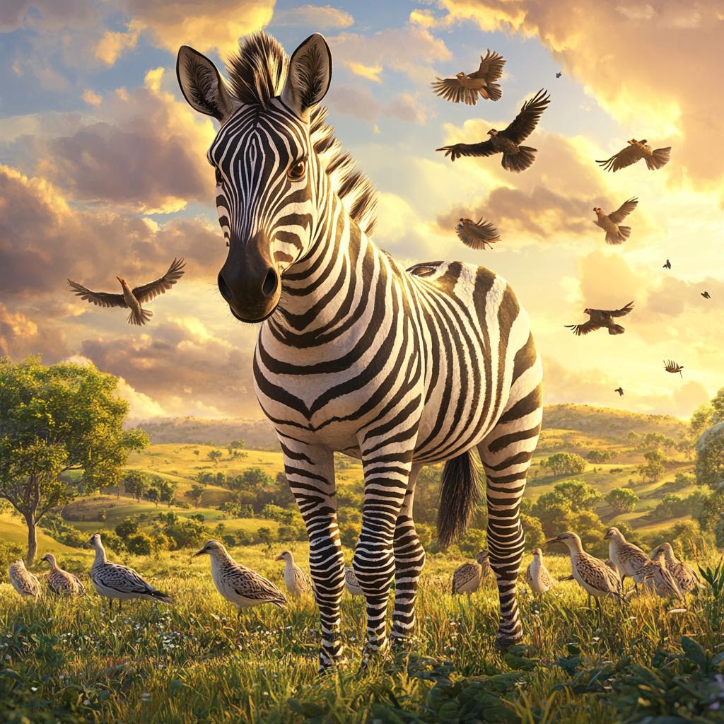Close-up of Zebra in Grassfield with Birds