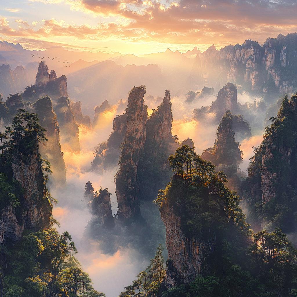Foggy Zhangjiajie National Forest Park with High Rock and Trees